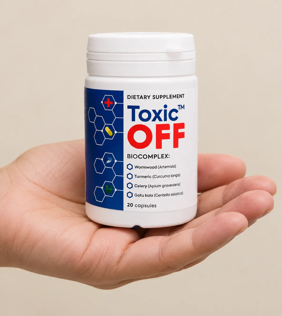 Toxic OFF — the package held in a hand