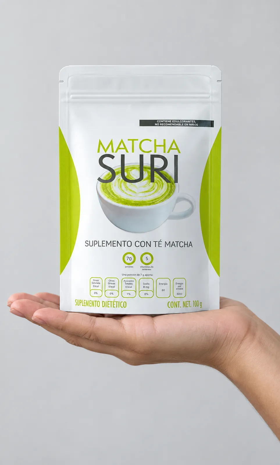 Matcha Suri — the package held in a hand