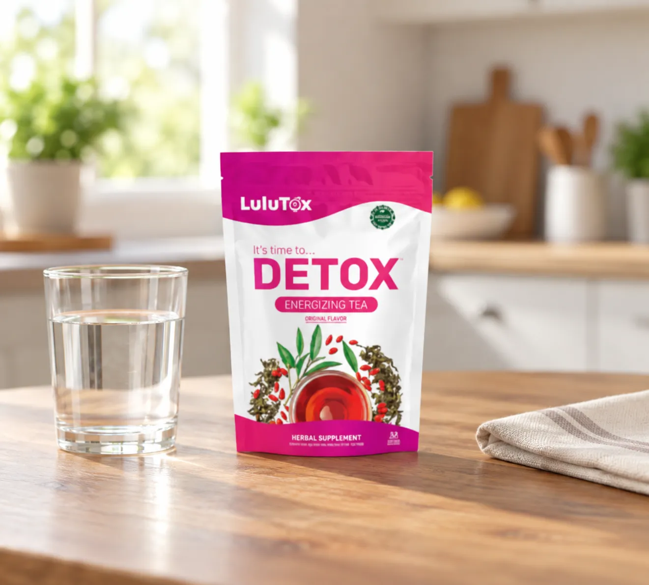 Lulutox Detox Tea — the package in everyday use
